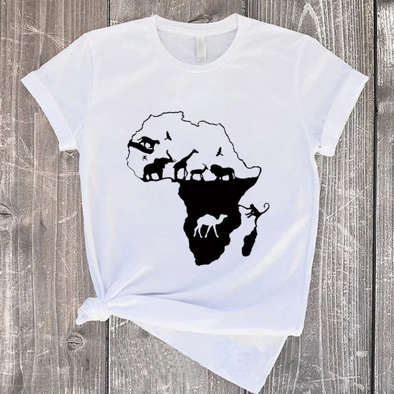 Cartoon Women Tshirt Top Graphic Cartoon African Continent Tees Ladies T Shirt Clothes White Casual Harajuku Female T-Shirt