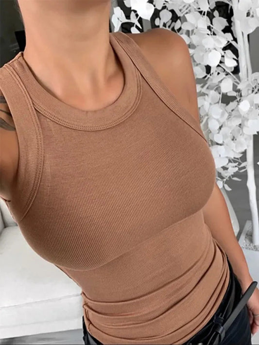 Solid round Neck Ribbed Tank Top Elastic
