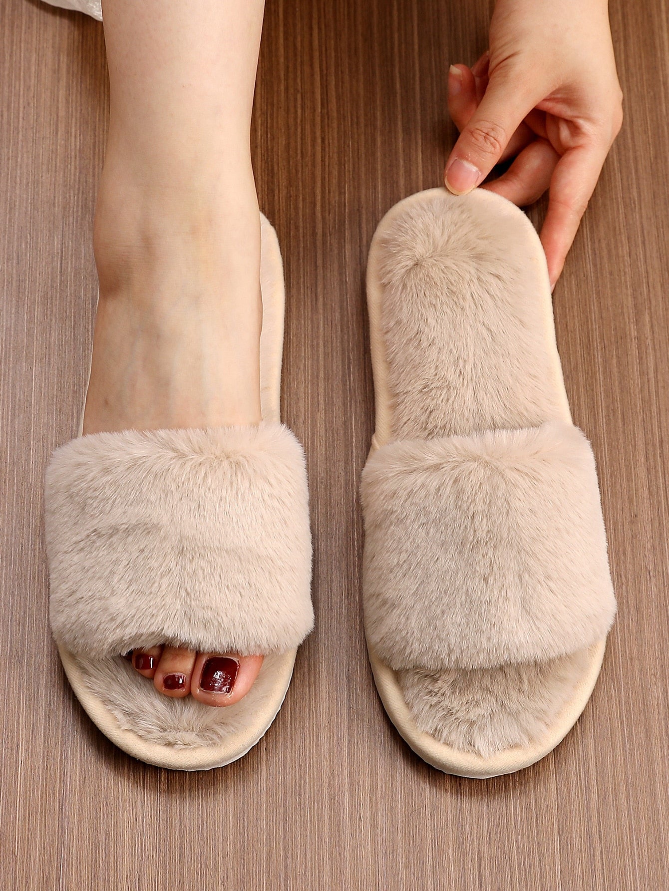 Furry Open Toe Slippers for Women, Soft and Warm Indoor House Slippers for Spring, Autumn and Winter