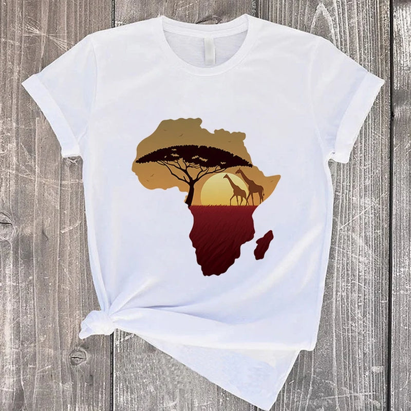 Cartoon Women Tshirt Top Graphic Cartoon African Continent Tees Ladies T Shirt Clothes White Casual Harajuku Female T-Shirt