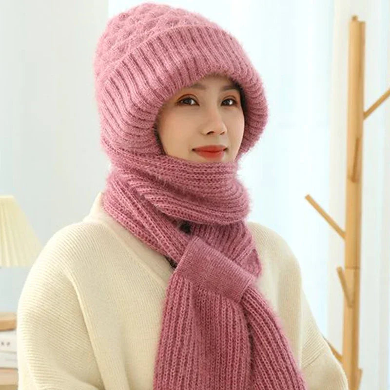 Integrated Ear Protection Windproof Cap Scarf Plush Hat Scarf Knitted Women Winter Warm Thickened Hooded Outdoor Ski Beanie Cap