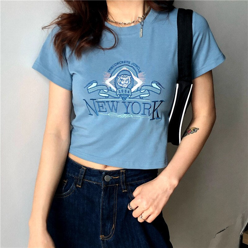 Women'S Short Crop Tops with Letter Embroidery O Neck Tee Female 2023 Summer New Clothes Basic T-Shirts Brandy Mandy