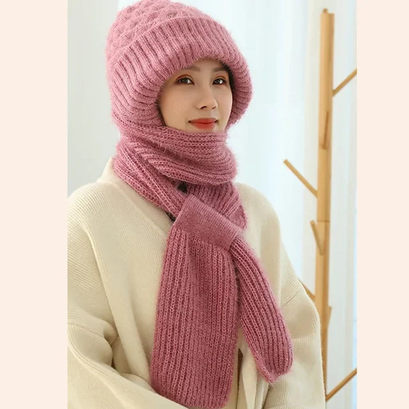 Integrated Ear Protection Windproof Cap Scarf Plush Hat Scarf Knitted Women Winter Warm Thickened Hooded Outdoor Ski Beanie Cap